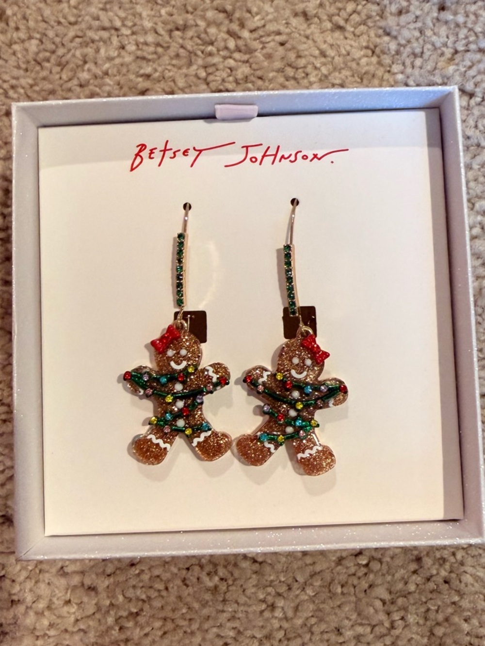 NIB Betsey Johnson Green, Gold & Red Gingerbread Earrings